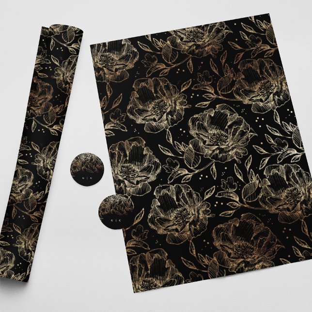 Black Gold Imitate Elegante Florals Hochzeitsgesch Geschenkpapier (Von Creator hochgeladen)