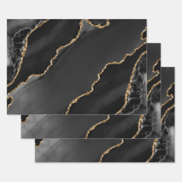 Black & Gold Imitate Glitzer Agate Geschenkpapier Set