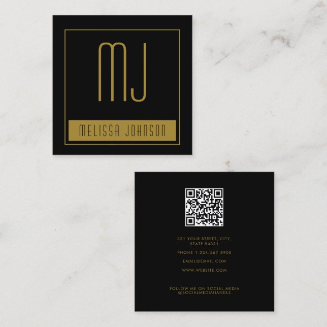 Black Gold Initial Monogram Social Media QR Code Quadratische Visitenkarte (Vorne/Hinten)