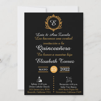 Black gold invitations for quinceañera elegante