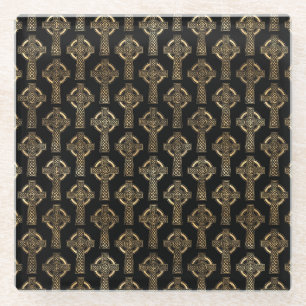 BLACK & GOLD IRISH CELTIC KNOTS & CROSSES GLASUNTERSETZER