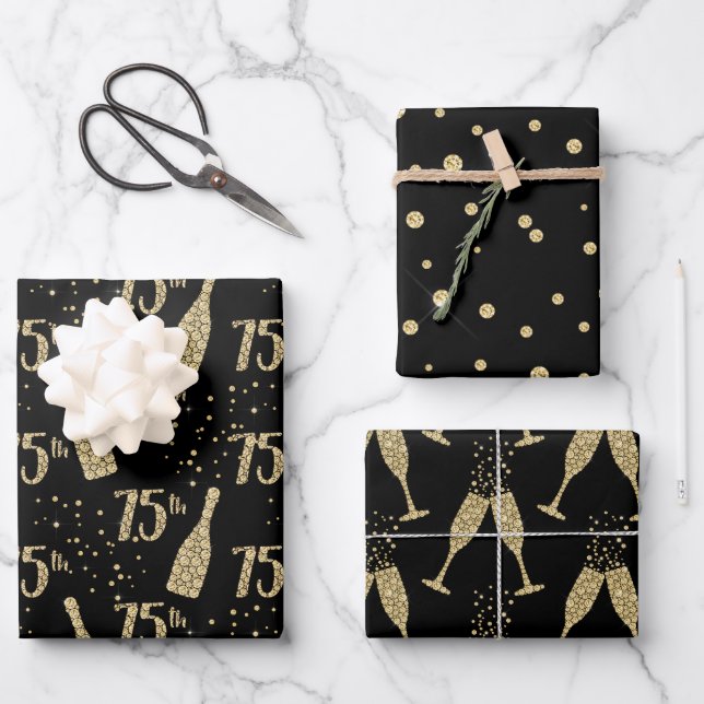 Black Gold Jeweled Champagne 75. Celebration Geschenkpapier Set (Vorderseite)