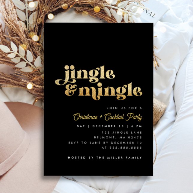 Black & Gold Jingle Mingle Modern Christmas Party Einladung (Von Creator hochgeladen)