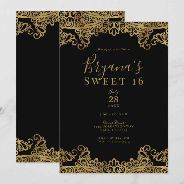 Black & Gold Lace Elegant Sweet 16 Party Einladung (Vorne/Hinten)