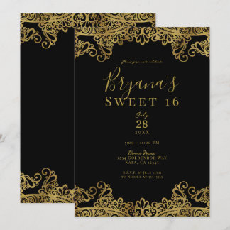Black & Gold Lace Elegant Sweet 16 Party Einladung