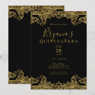 Black & Gold Lace Elegantes Quinceñera Party Einladung