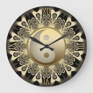 Black Gold Lace Mandala Balance YinYang Wall Uhr
