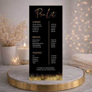 Black & Gold Lash Tech Price List | Luxury Beauty Werbekarte