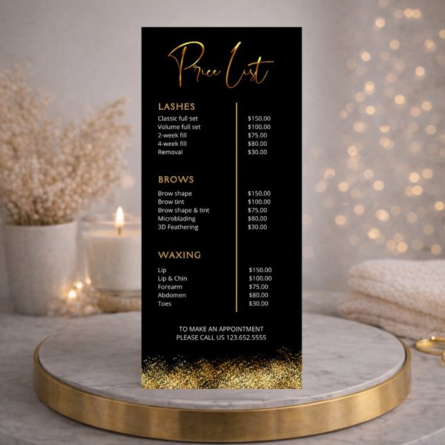Black & Gold Lash Tech Price List | Luxury Beauty  Werbekarte (Von Creator hochgeladen)