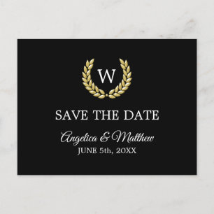 Black Gold Laurel Monogram SAVE THE DATE Hochzeit Ankündigungspostkarte