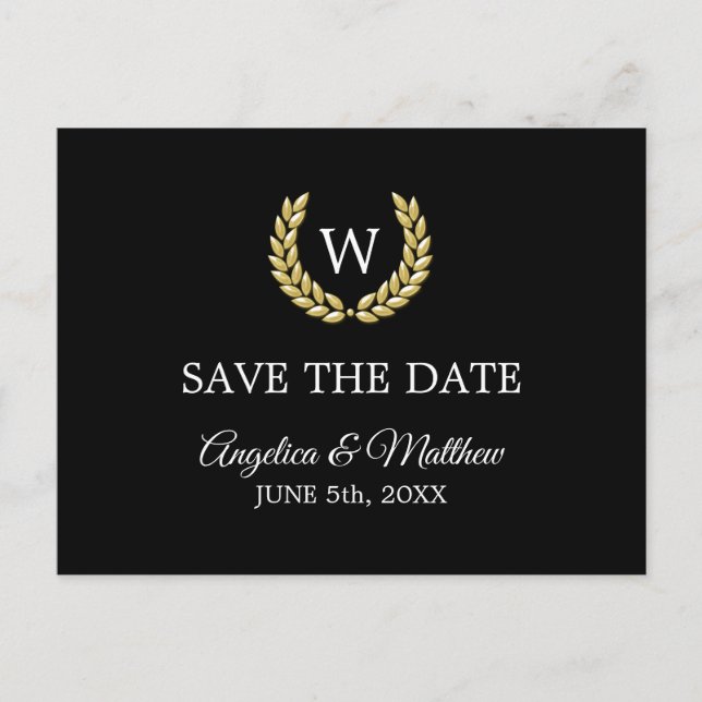 Black Gold Laurel Monogram SAVE THE DATE Hochzeit Ankündigungspostkarte (Vorderseite)