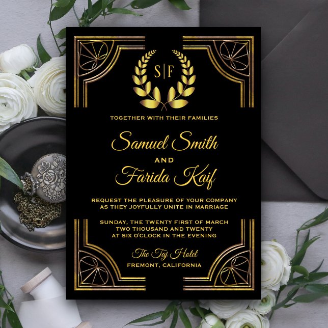 Black Gold Laurel Monogram Wedding Einladung (Von Creator hochgeladen)