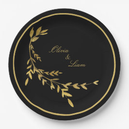 Black Gold Leaf Elegante Name Skripthochzeit Pappteller