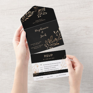 Black & Gold Leaf - Hochzeit All In One Einladung