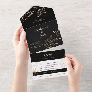 Black & Gold Leaf - Hochzeit All In One Einladung