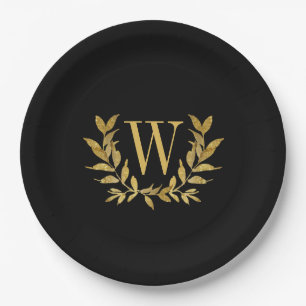 Black Gold Leaf Monogram Elegant Chic Wedding Pappteller