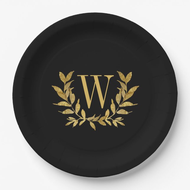 Black Gold Leaf Monogram Elegant Chic Wedding Pappteller (Vorderseite)