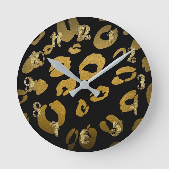 Black & Gold Leopard Cheetah Animal Print Runde Wanduhr (Vorderseite)