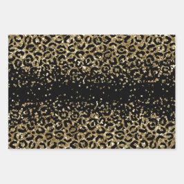 Black Gold Leopard Cheetah Print Glitzer Glam Geschenkpapier Set