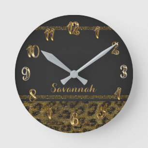 Black & Gold Leopard Cheetah Sequin Glitzer Runde Wanduhr