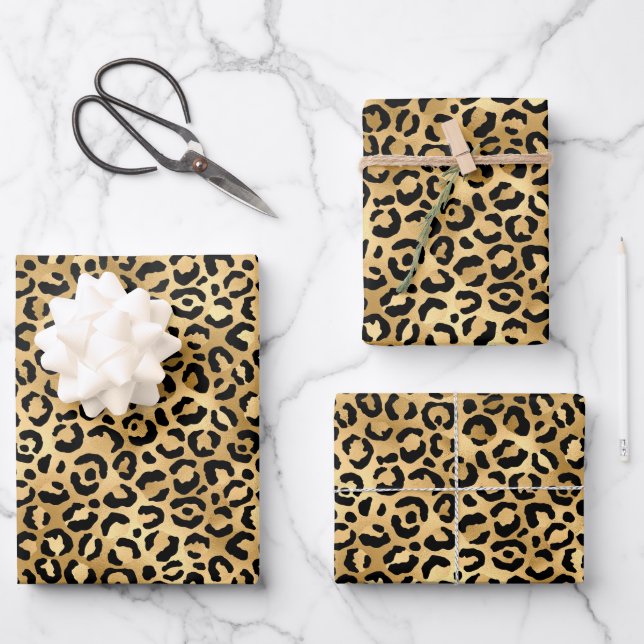 Black Gold Leopard Print Cheetah Animal Print Tren Geschenkpapier Set (Vorderseite)