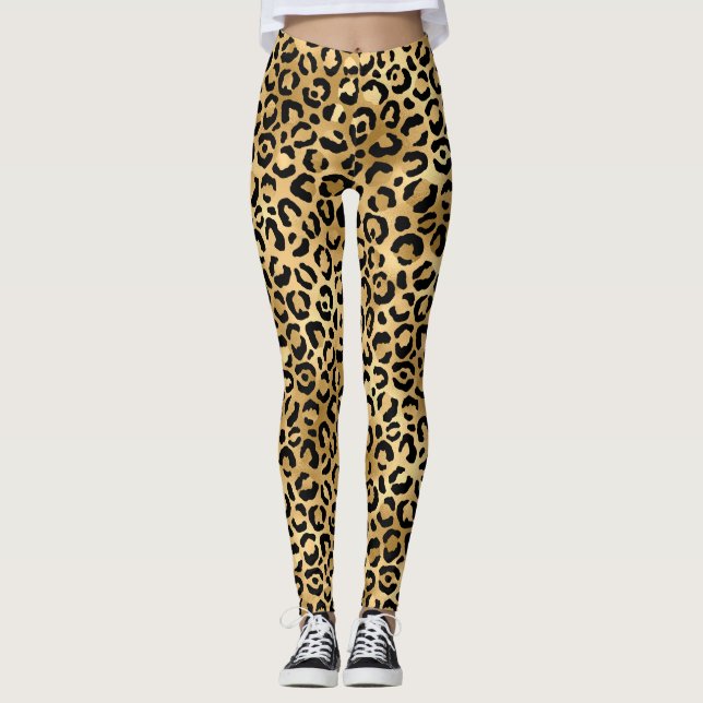 Black Gold Leopard Print Cheetah Animal Trendy Leggings (Vorderseite)
