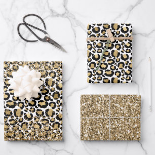 Black Gold Leopard Print Glitz Geschenkpapier Set