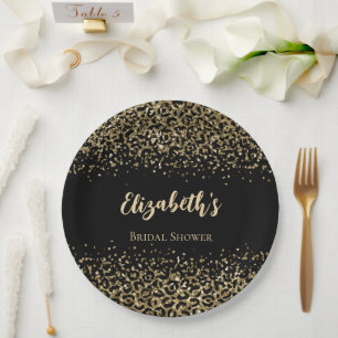 Black Gold Leopard Print Glitzer Brautparty Pappteller