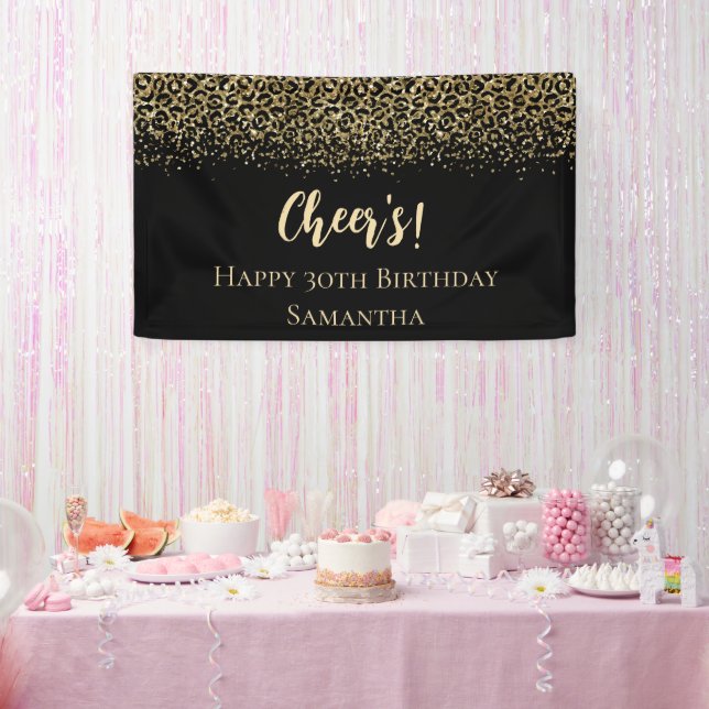 Black Gold Leopard Print Glitzer Geburtstag Banner (Party)
