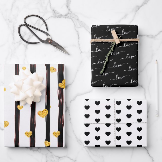 Black & Gold Liebe Herzliche Herzstücke Geschenkpapier Set (Vorderseite)