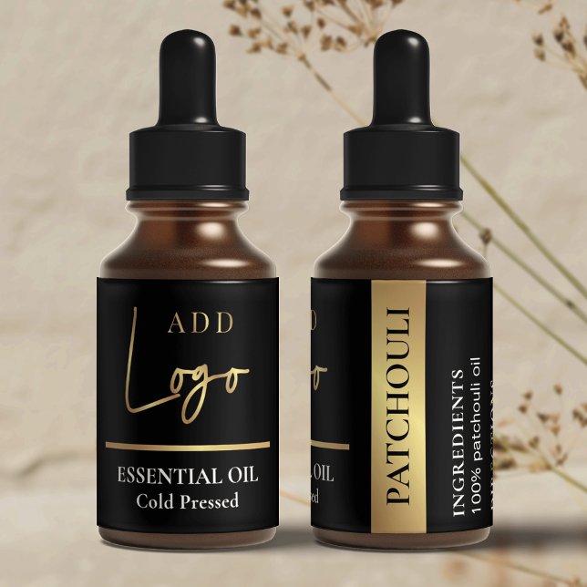 Black & Gold Logo Kosmetische Essenzielle Ölflasch (Black and gold essential oil dropper bottle labels that are sure to impress)