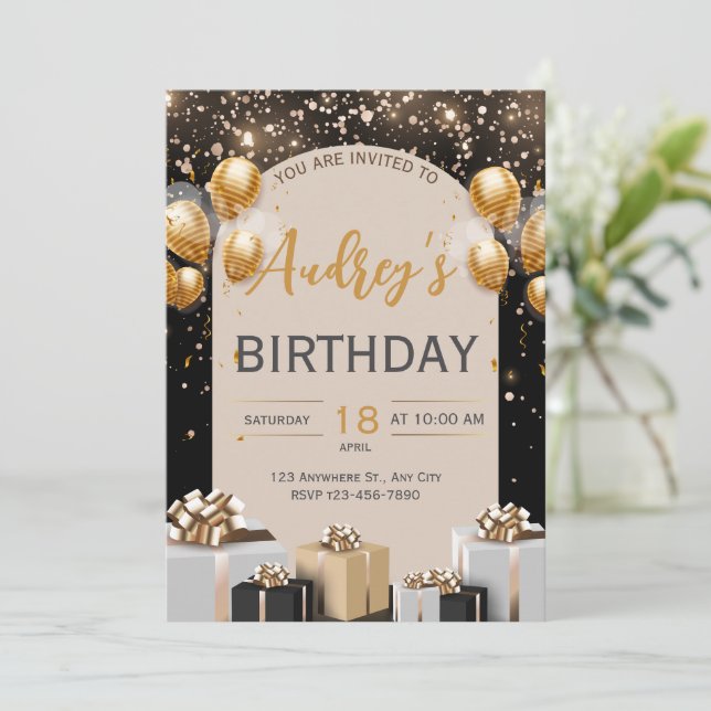 Black Gold Luxury Birthday Einladung (Stehend Vorderseite)