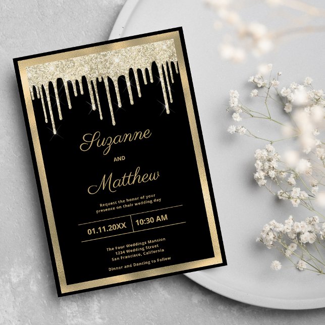 Black gold luxury glitter drips wedding einladung (Black gold luxury glitter drips wedding)
