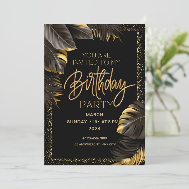 Black Gold Luxury Happy Birthday Party Einladung (Stehend Vorderseite)