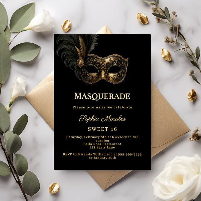 Black gold luxury Masquerade party Sweet 16 Folieneinladung (Von Creator hochgeladen)