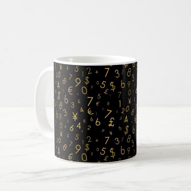 Black Gold Luxury Numbers Währungssymbole Muster Kaffeetasse (Vorderseite Links)