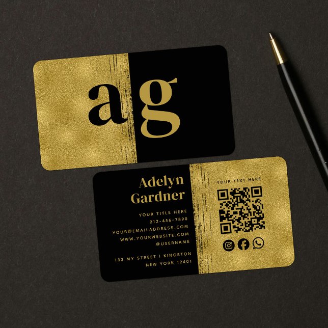 Black Gold Luxury QR Code Monogram Social Media Visitenkarte (Von Creator hochgeladen)
