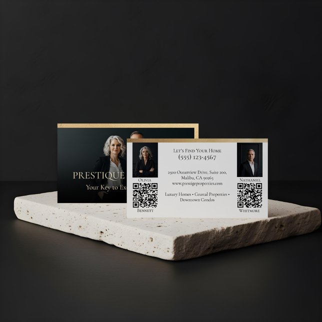 Black Gold Luxury Real Estate Agent Photo Luxe Visitenkarte (Prestige Luxury Dual Realtor Law Firm Gold & Black Business Card)