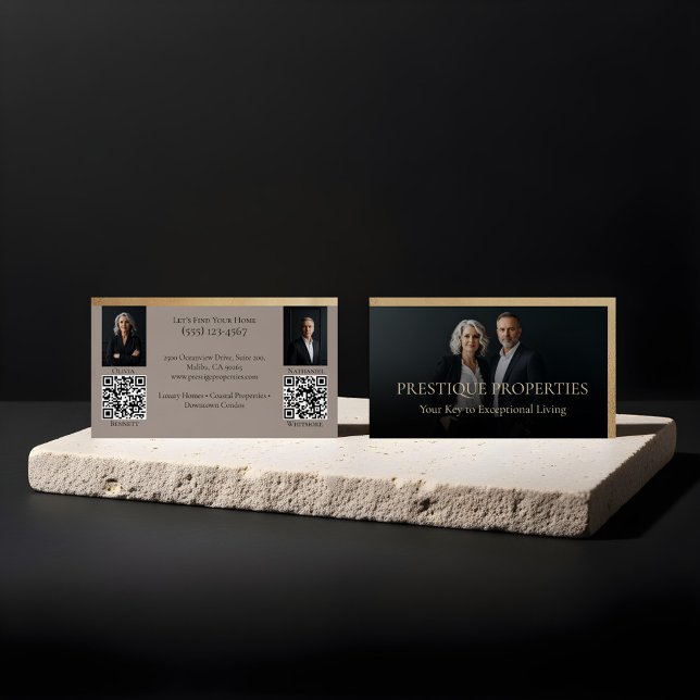 Black Gold Luxury Real Estate Agent Photo Luxe Visitenkarte (Prestige Luxury Dual Realtor Law Firm Gold & Black Business Card)