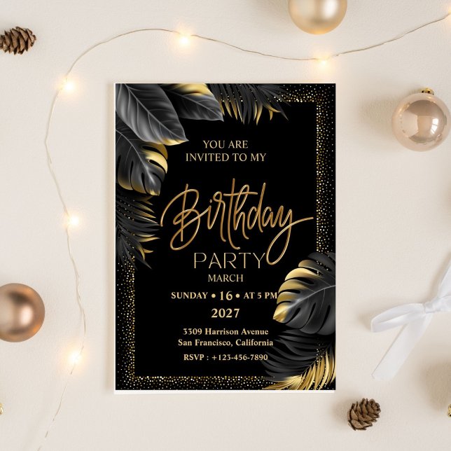 Black Gold Luxury Tropical Leaf Happy Birthday Einladung (Von Creator hochgeladen)