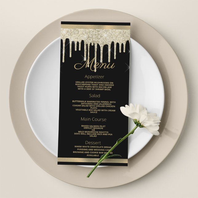 Black gold Luxus Glitzer Tropfen Hochzeitsmenü Programm (Black gold luxury glitter drips Wedding Menu)
