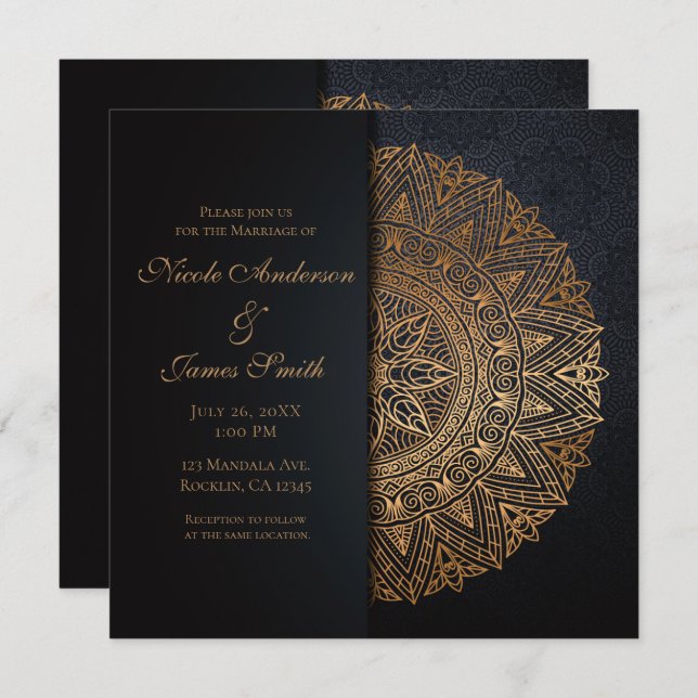 Black & Gold Mandala Elegante Hochzeit Einladung (Vorne/Hinten)