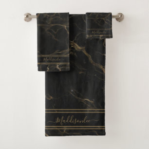 Black Gold Marble Agate Monogram Name Badhandtuch Set