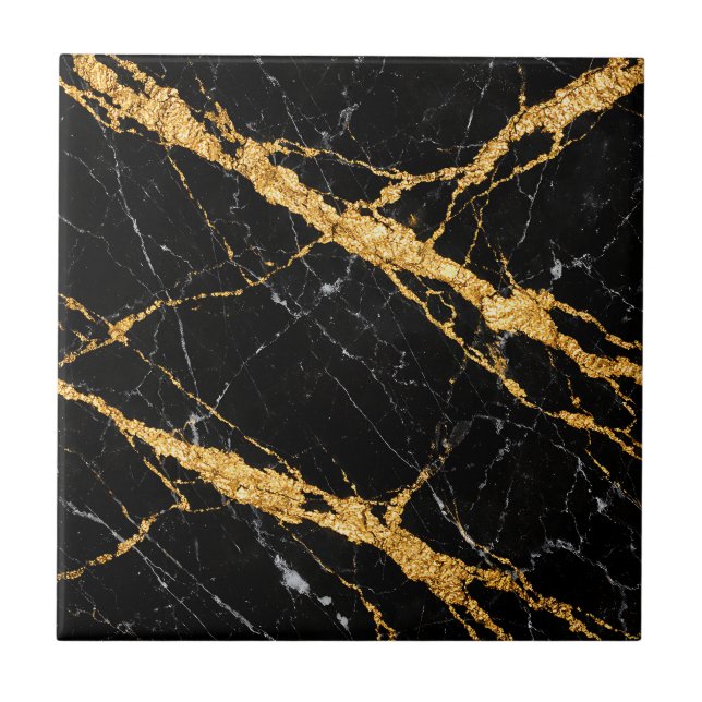 Black Gold Marble Luxe Pattern Fliese (Vorderseite)