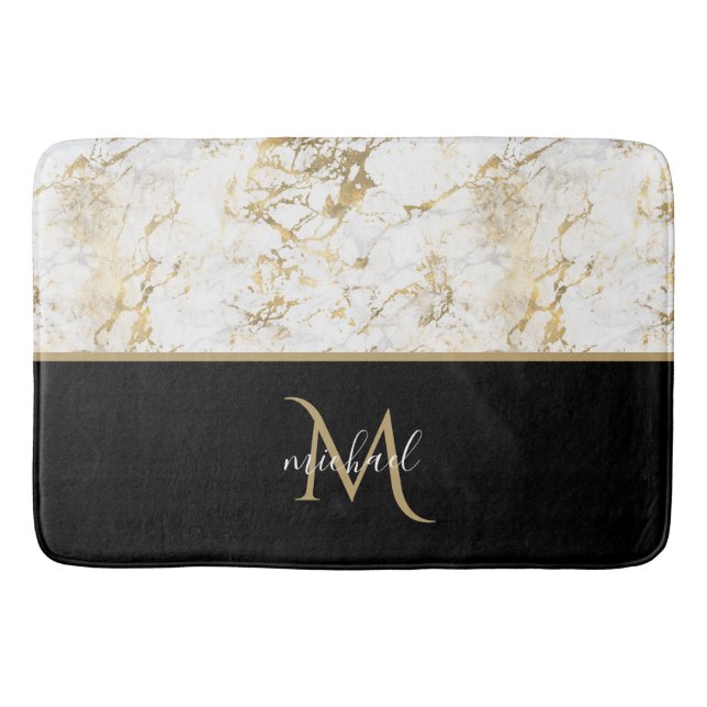 Black Gold & Marble Monogram Elegant Luxury Badematte (Vorderseite)