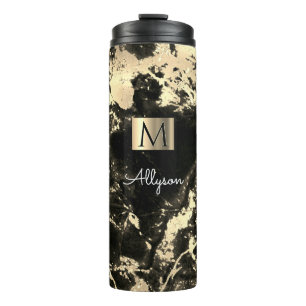Black & Gold Marmor 3, Gold Box, Name & Monogramm Thermosbecher