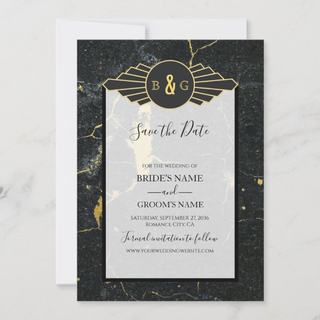 Black Gold Marmor Art Deco Hochzeit Save The Date (Vorderseite)