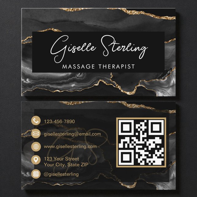 Black Gold Massage Therapist QR Code  Visitenkarte (Von Creator hochgeladen)