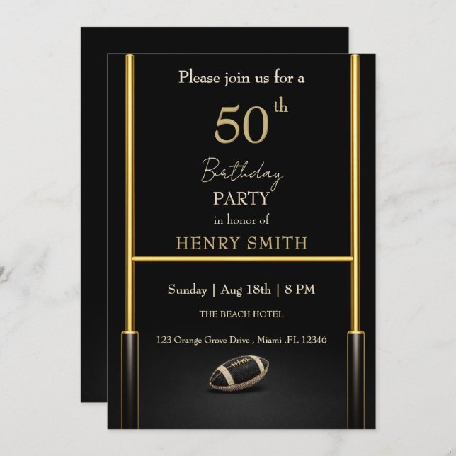 Black & Gold Men's Birthday Invitation Einladung (Vorne/Hinten)