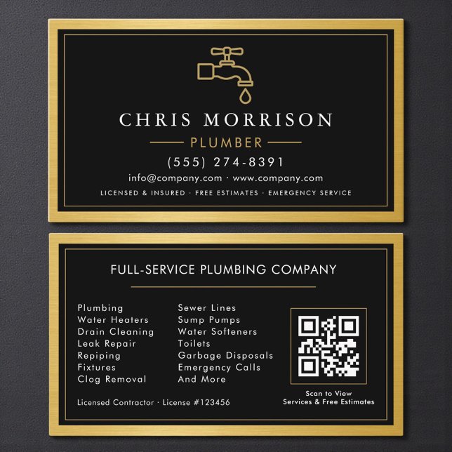Black Gold Metallic Plumber Contractor QR Code  Visitenkarte (Von Creator hochgeladen)